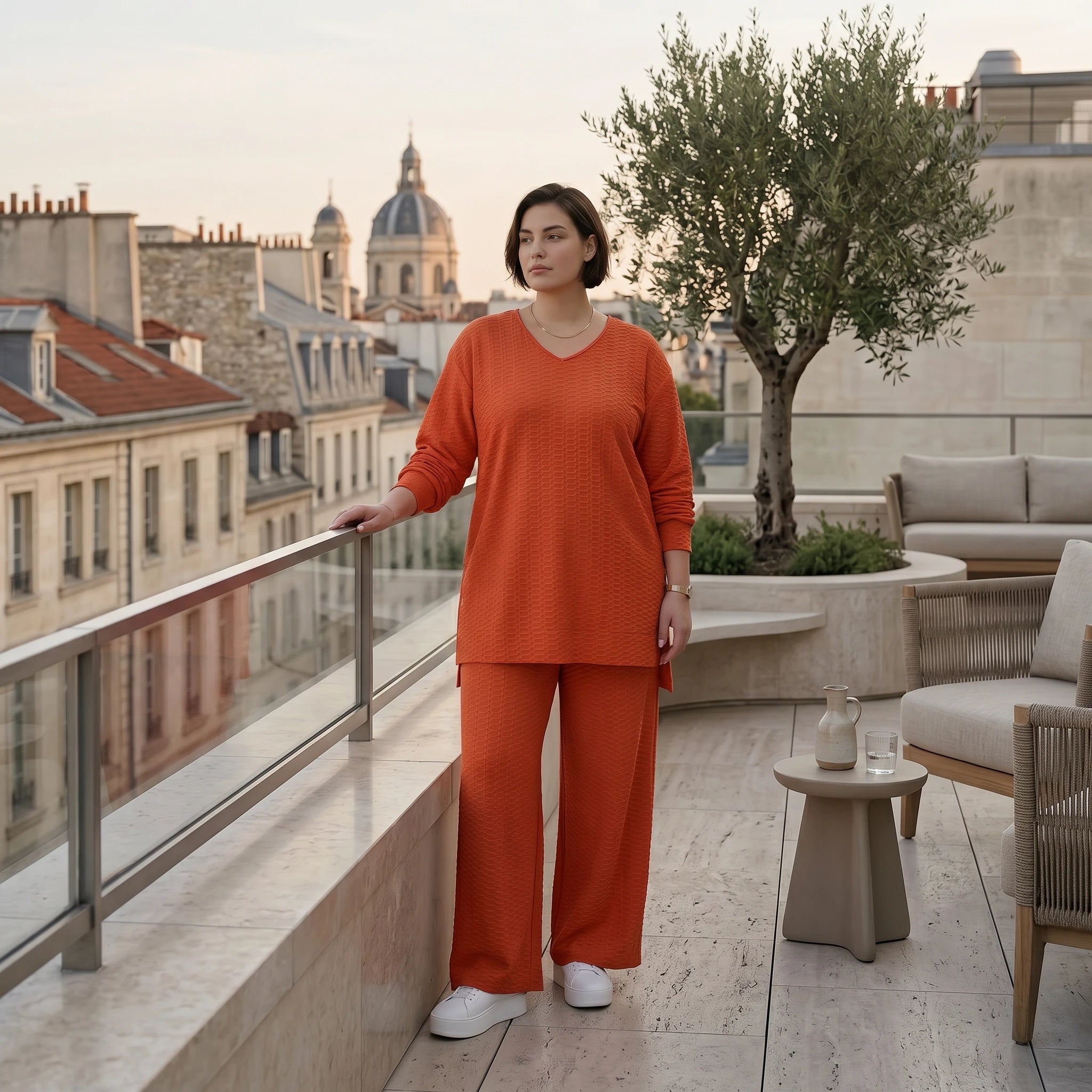 Papita Oversize Set in Rost Jacquard Waffelstruktur Sommer Look Made in Frankreich exklusiv bei Modeare