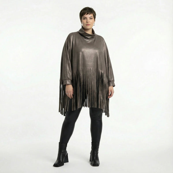 Kastiges Oversize Shirt aus Lederimitat mit Fransen Winterlook AKH Premium Damen Modeare