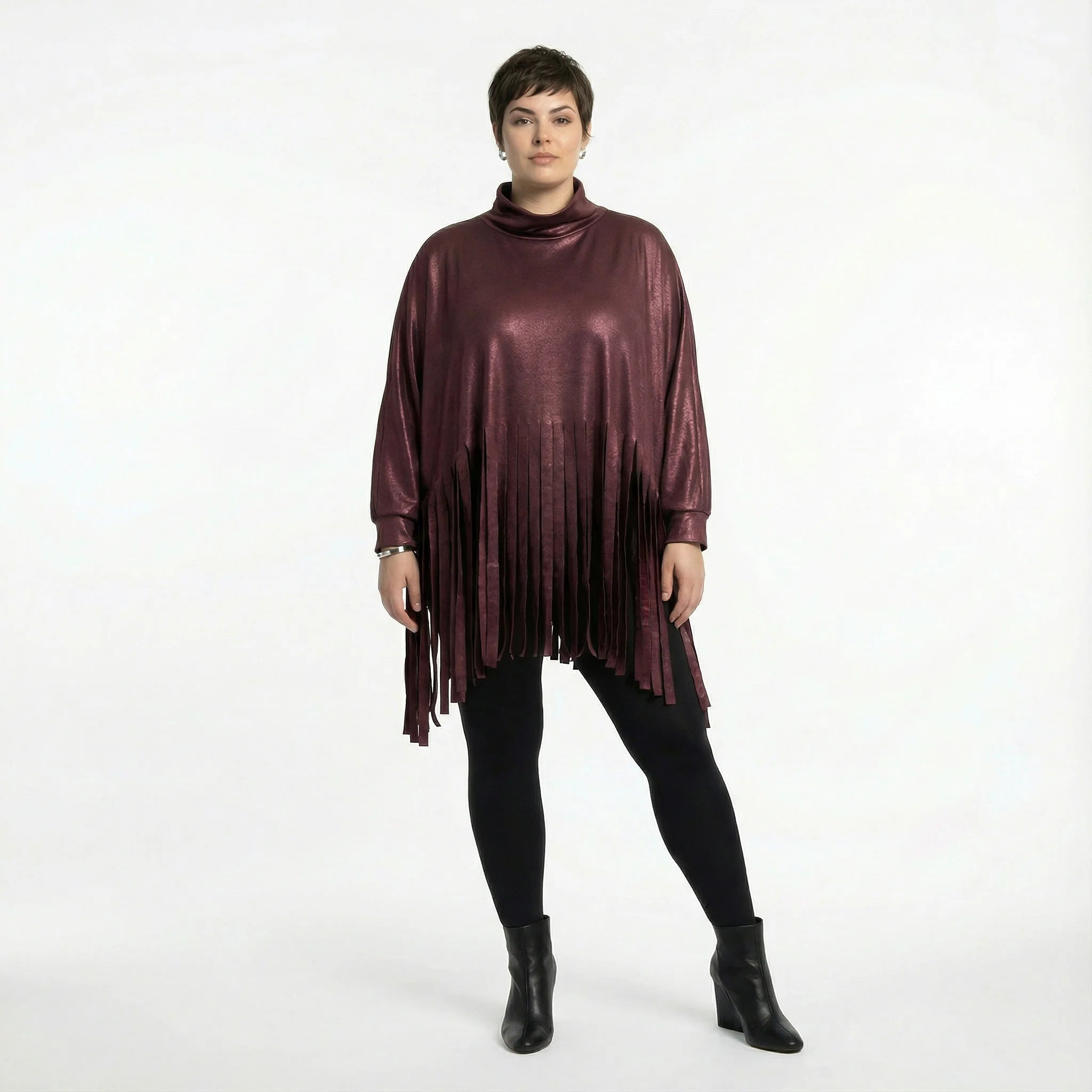 Oversize Shirt Lederoptik mit Fransen weich elastisch Winter Look AKH Premium exklusiv bei Modeare