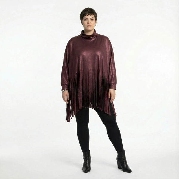 Oversize Shirt Lederoptik mit Fransen weich elastisch Winter Look AKH Premium exklusiv bei Modeare