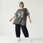 Grauschwarze Oversize Tunika aus Jersey mit Print Meshdetails und asymmetrischem Saum