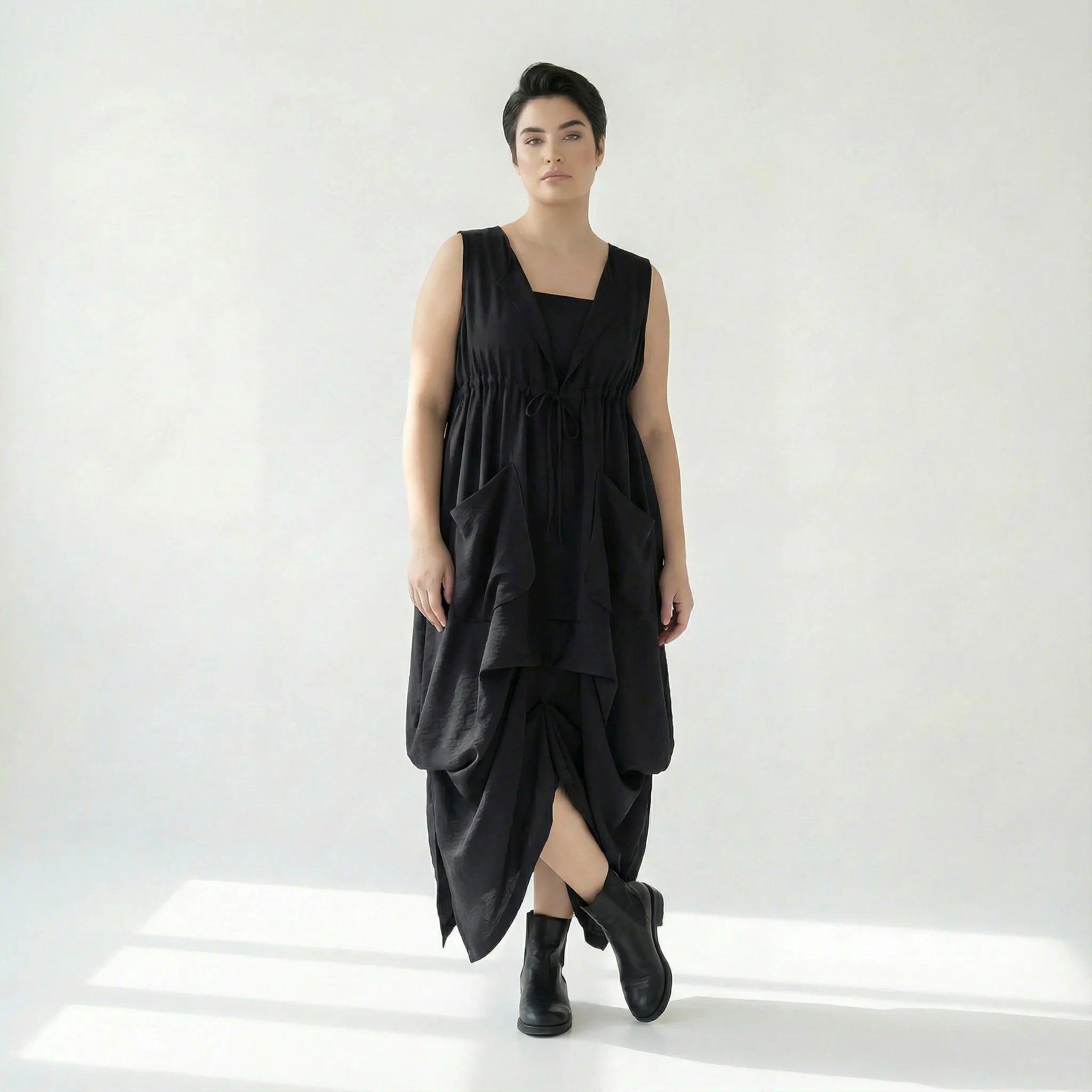 Caraclan Avantgarde-Kleid mit Ballonform und Bindetail aus Viskose-Baumwolle in Schwarz