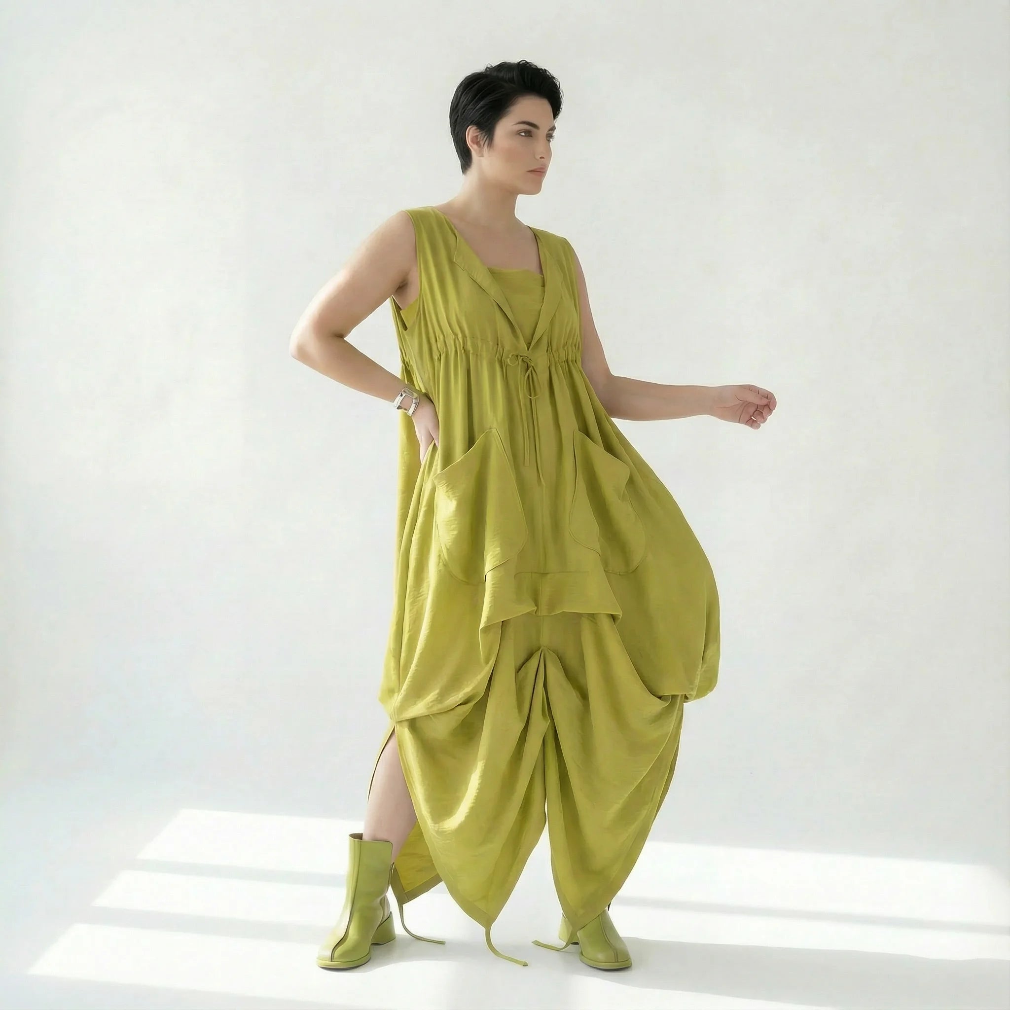 Caraclan Avantgarde-Kleid mit Ballonform und Bindetail aus Viskose-Baumwolle in Chartreuse
