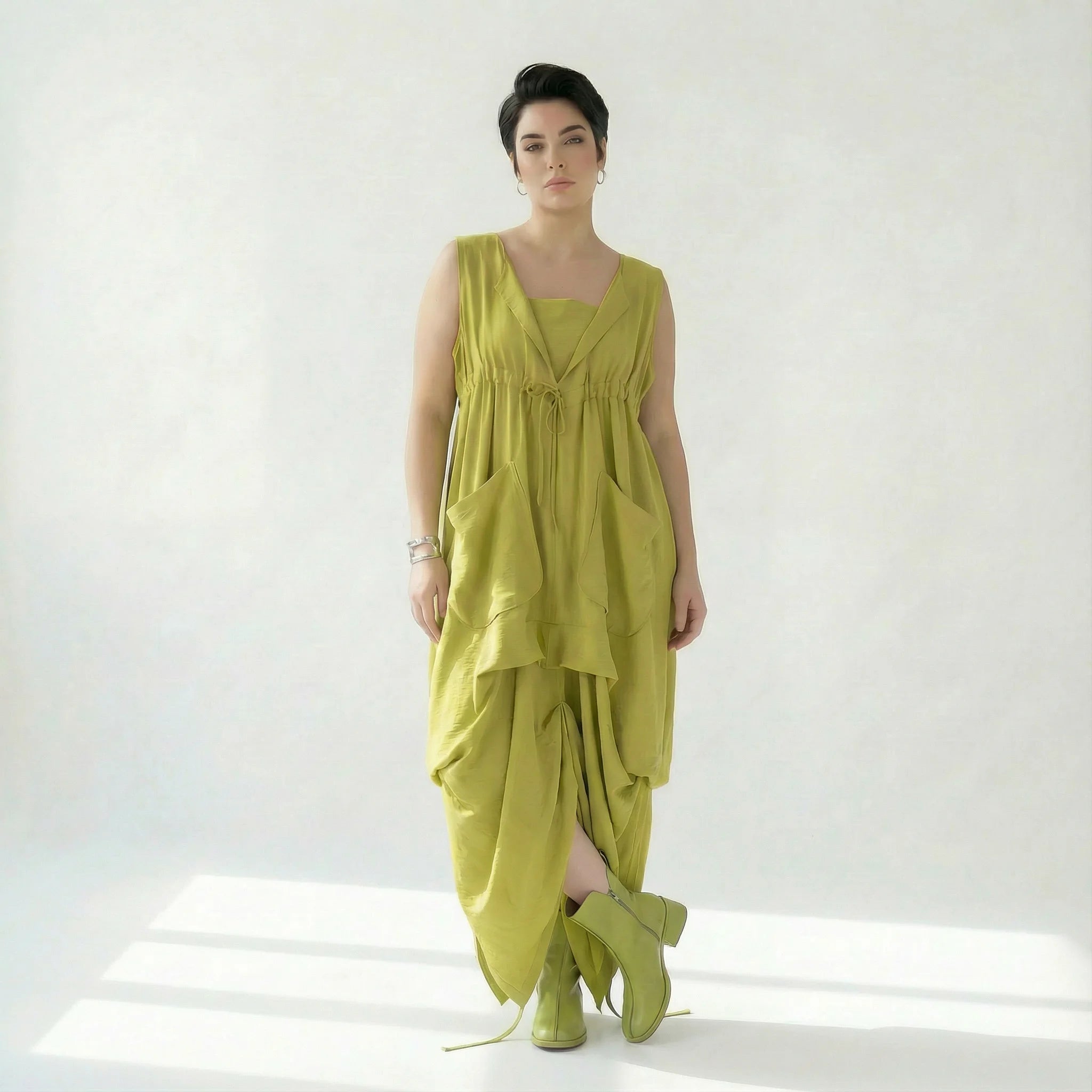 Caraclan Avantgarde-Kleid mit Ballonform und Bindetail aus Viskose-Baumwolle in Chartreuse