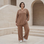 Oversize Damen Zweiteiler Cognac Jacquard Waffelstruktur Sommer Set Papita Modeare Palazzo Hose Longshirt Frankreich