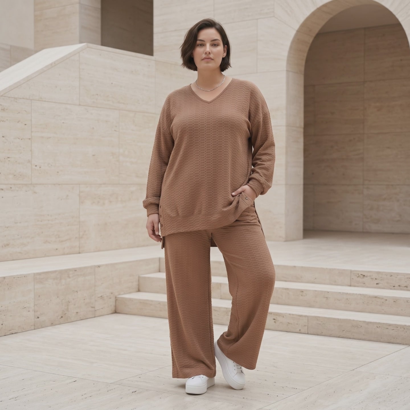 Oversize Damen Zweiteiler Cognac Jacquard Waffelstruktur Sommer Set Papita Modeare Palazzo Hose Longshirt Frankreich