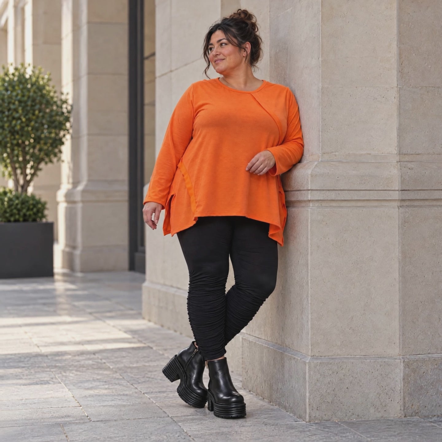 Langarmshirt in Orange aus weichem Stretchjersey mit Rundhalsausschnitt und A-Linie