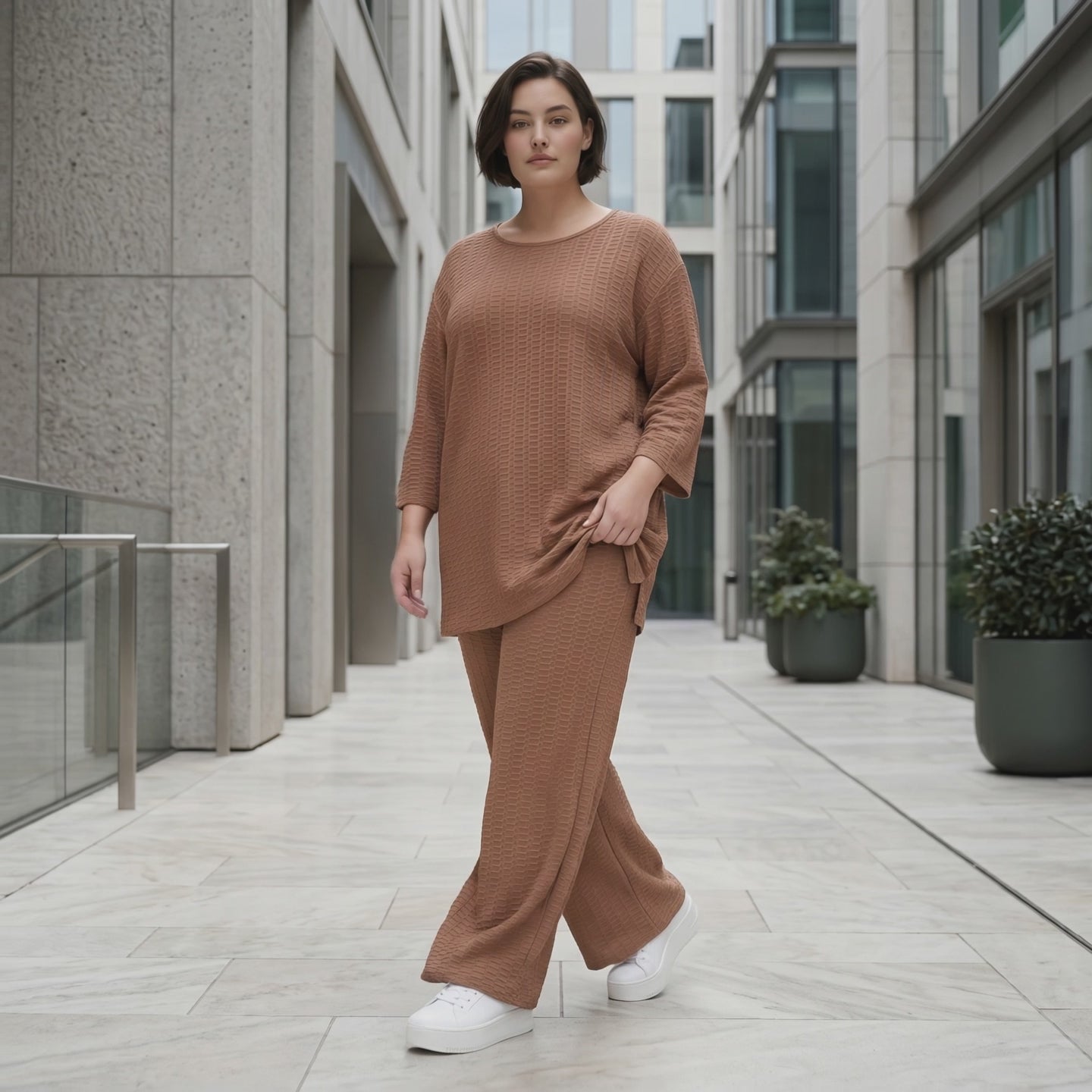 Oversize Set Cognac Jacquard mit Big Shirt und Palazzo Hose weich stretchig Papita Damenmode bei Modeare Sommer Look