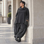 Weite Tiefschritt-Ballonhose mit Taftdetails und Stretchbund in Schwarz