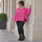 Langarmshirt in Pink aus weichem Stretchjersey mit V-Ausschnitt und kastiger Silhouette