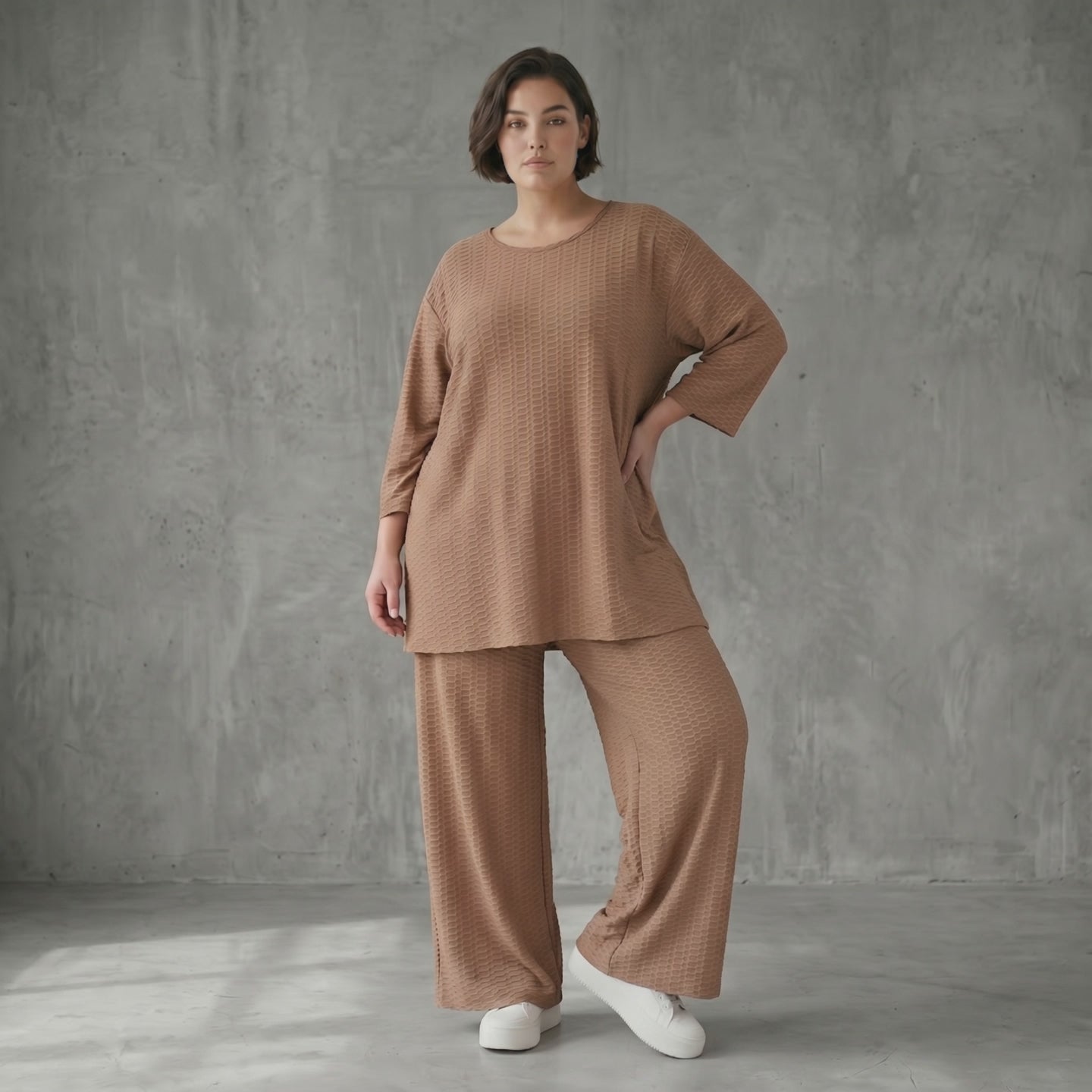 Oversize Set Cognac Jacquard mit Big Shirt und Palazzo Hose weich stretchig Papita Damenmode bei Modeare Sommer Look