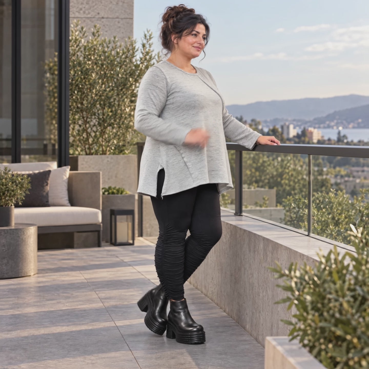 Langarmshirt in Grau/Schwarz aus flauschigem Feinstrick mit A-Linie und Rundhalsausschnitt