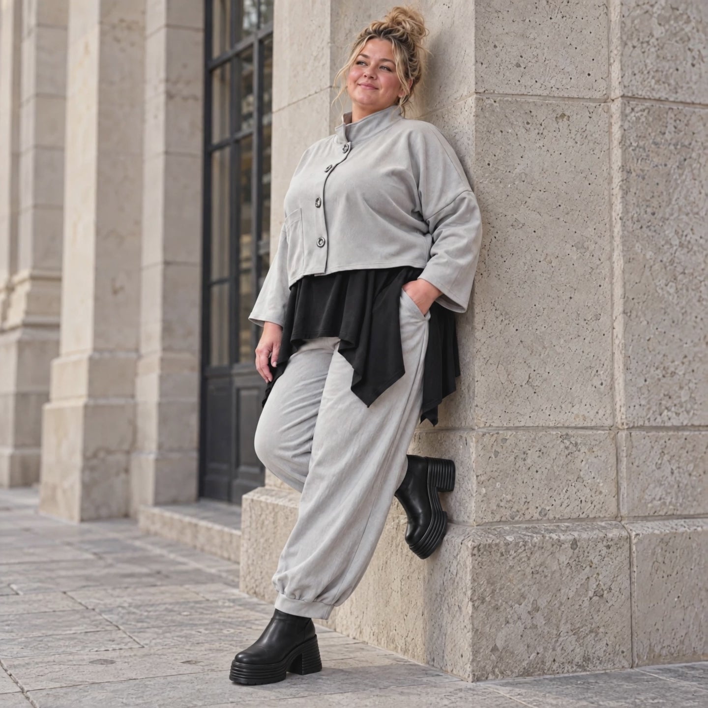 Graue Jeansjacke aus Stretchdenim mit Stehkragen Knopfverschluss und aufgesetzten Taschen