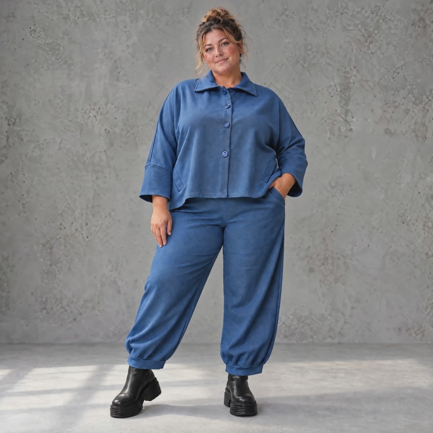 Jeansjacke aus blauem Stretchdenim im femininen Vokuhilaschnitt vorne kurz hinten lang