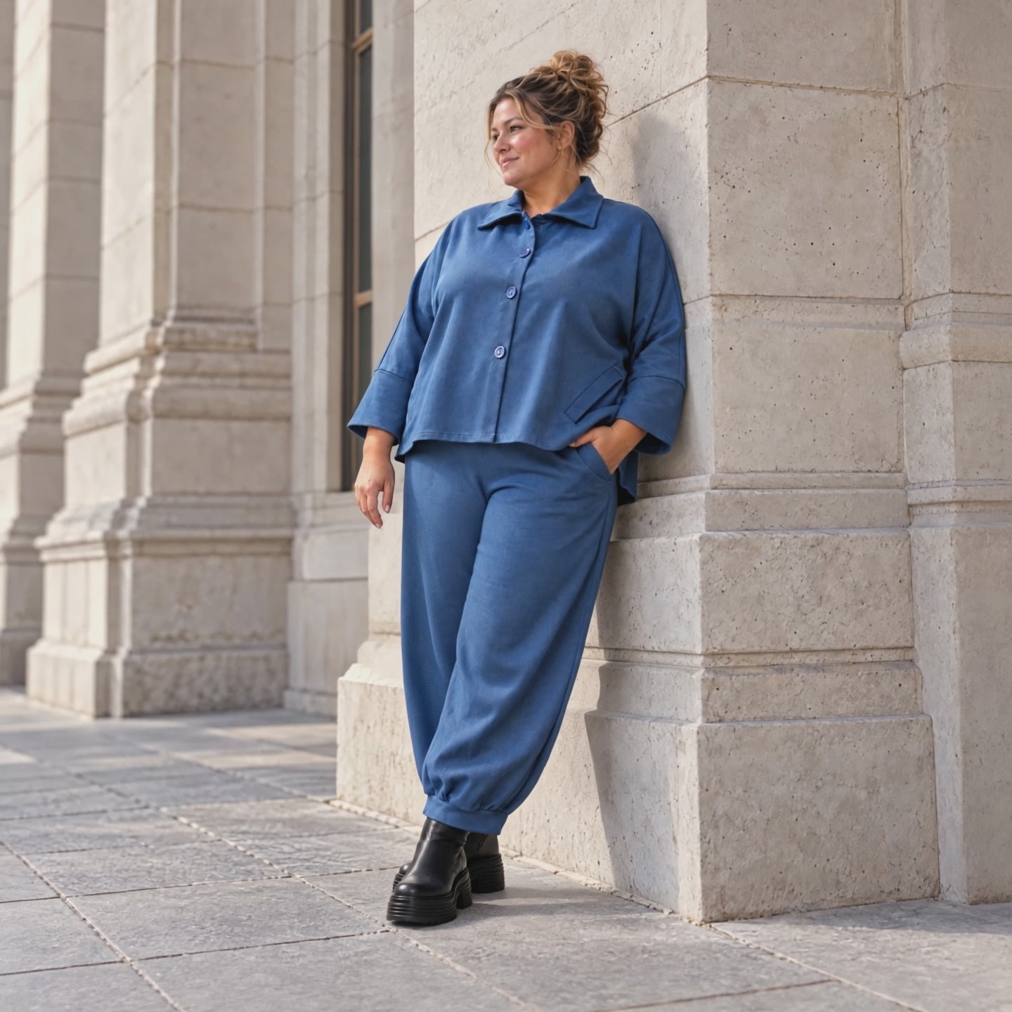 Jeansjacke aus blauem Stretchdenim im femininen Vokuhilaschnitt vorne kurz hinten lang