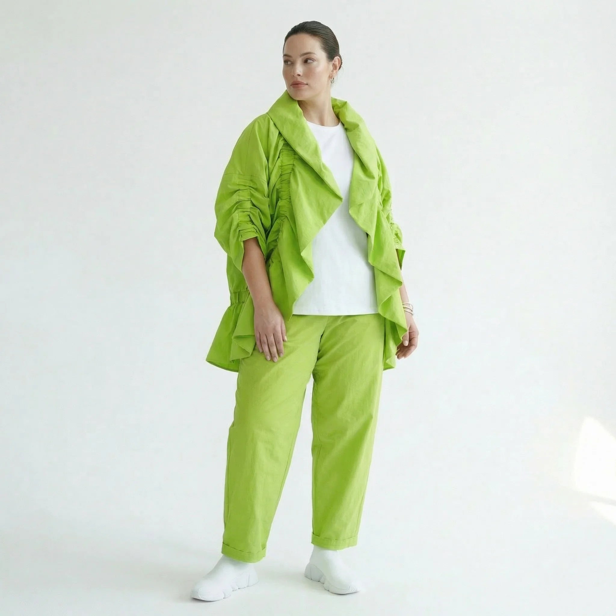 Cadrelli Damen Zweiteiler Neon-Limette – Jacke & Hose aus Viskose, EU 38/48, Oversize, Lagenlook, Made in Turkey